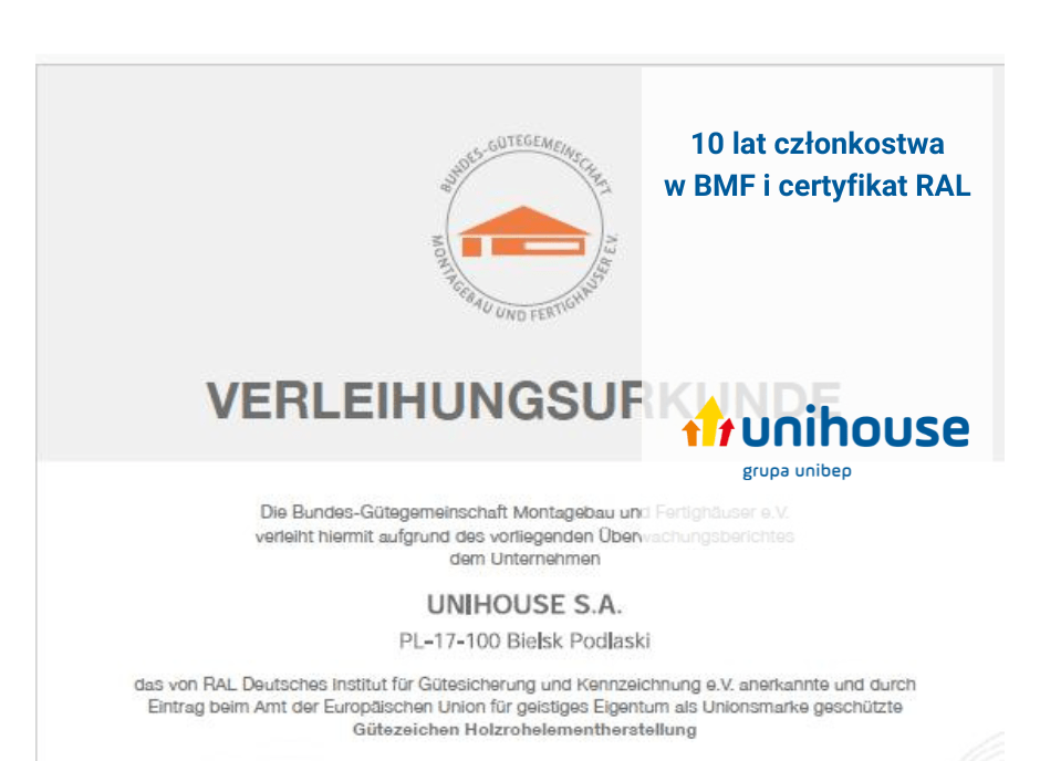 Unihosue 10 lat członkostwa w BMF i certyfikat RAL